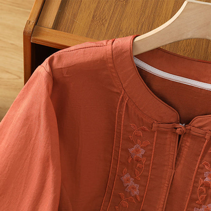 Chemise femme à manches trois-quarts, col montant à boutons grenouille, broderie florale, poignets élastiques et Buddha Stones - image 18