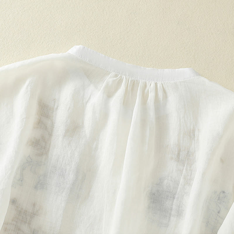 Buddha Stones Chemise en coton pour femme, ornée de broderies, à col montant et manches trois-quarts, fendue sur le côté et ornée de plis. - image 19