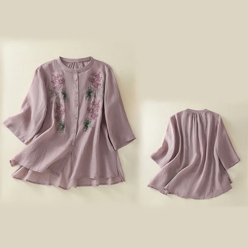 Buddha Stones Chemise en coton pour femme, ornée de broderies, à col montant et manches trois-quarts, fendue sur le côté et ornée de plis. - image 15