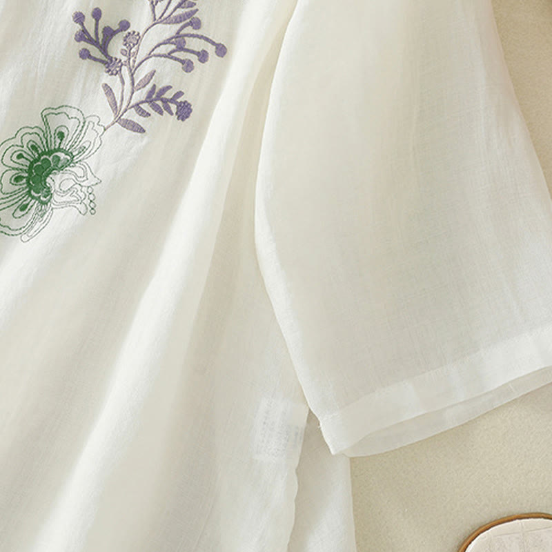 Buddha Stones Chemise en coton pour femme, ornée de broderies, à col montant et manches trois-quarts, fendue sur le côté et ornée de plis. - image 21