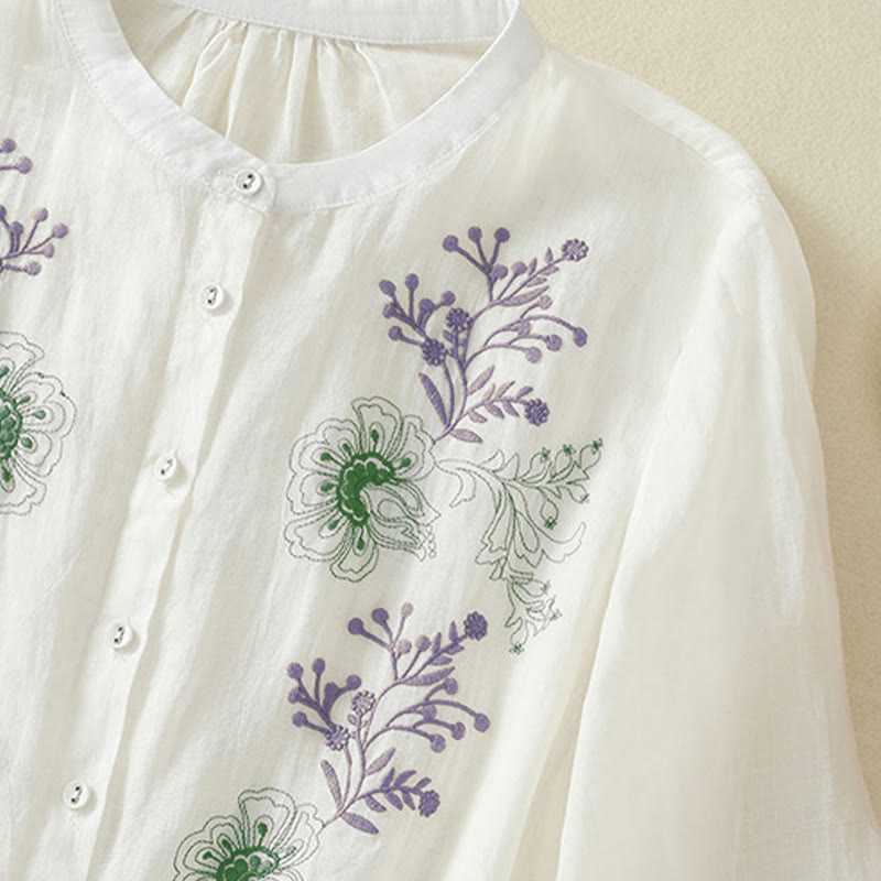 Buddha Stones Chemise en coton pour femme, ornée de broderies, à col montant et manches trois-quarts, fendue sur le côté et ornée de plis. - image 20