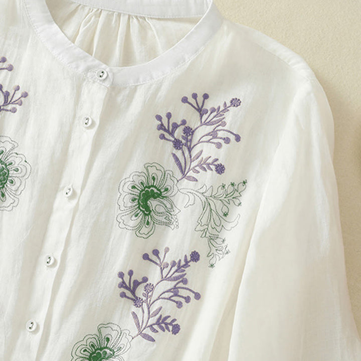 Buddha Stones Chemise en coton pour femme, ornée de broderies, à col montant et manches trois-quarts, fendue sur le côté et ornée de plis. - image 20