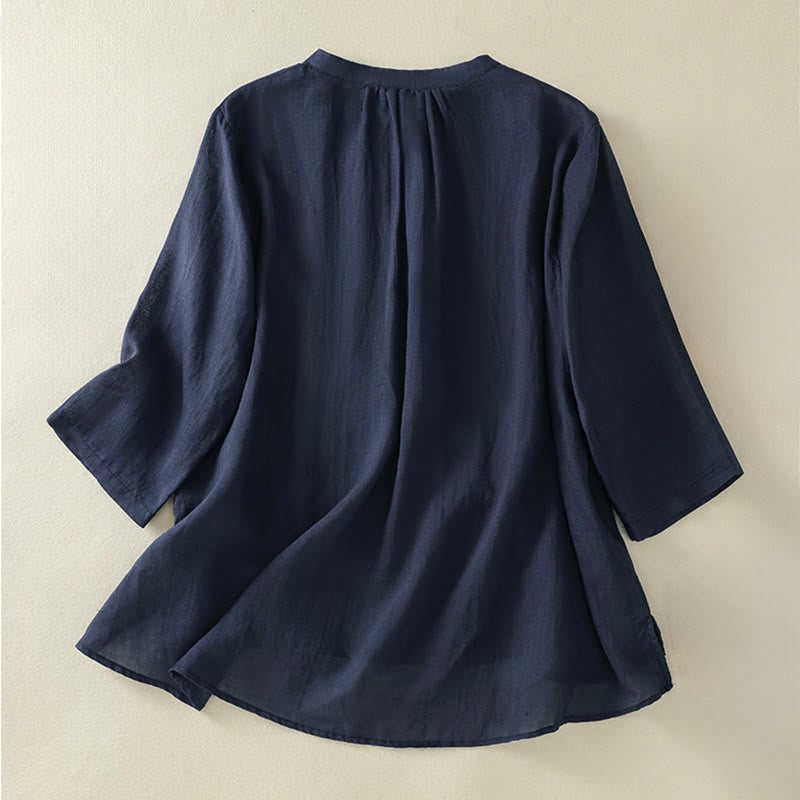 Buddha Stones Chemise en coton pour femme, ornée de broderies, à col montant et manches trois-quarts, fendue sur le côté et ornée de plis. - image 1