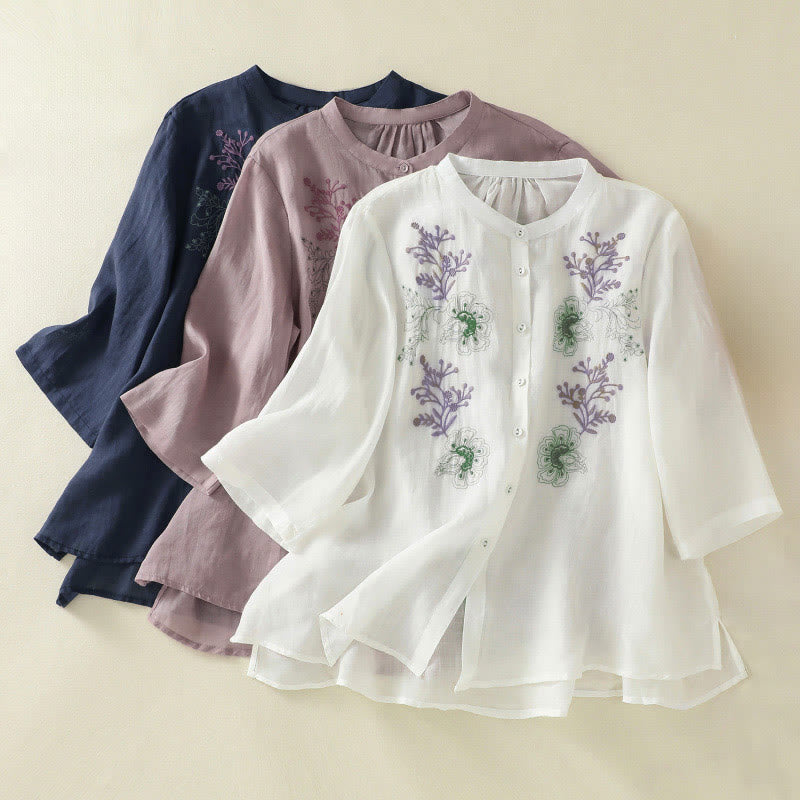 Buddha Stones Chemise en coton pour femme, ornée de broderies, à col montant et manches trois-quarts, fendue sur le côté et ornée de plis. - image 25