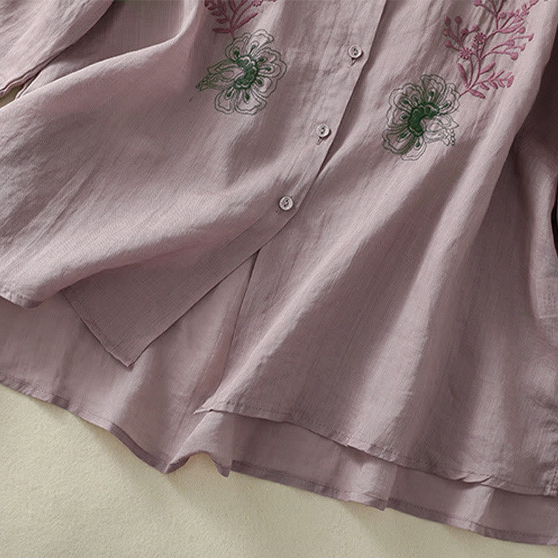 Buddha Stones Chemise en coton pour femme, ornée de broderies, à col montant et manches trois-quarts, fendue sur le côté et ornée de plis. - image 13