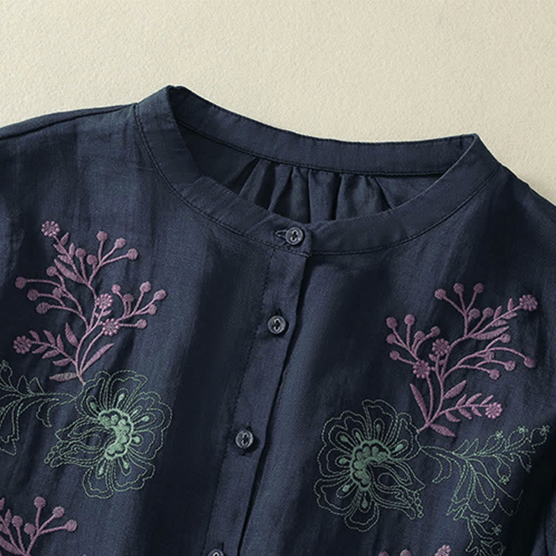 Buddha Stones Chemise en coton pour femme, ornée de broderies, à col montant et manches trois-quarts, fendue sur le côté et ornée de plis. - image 2