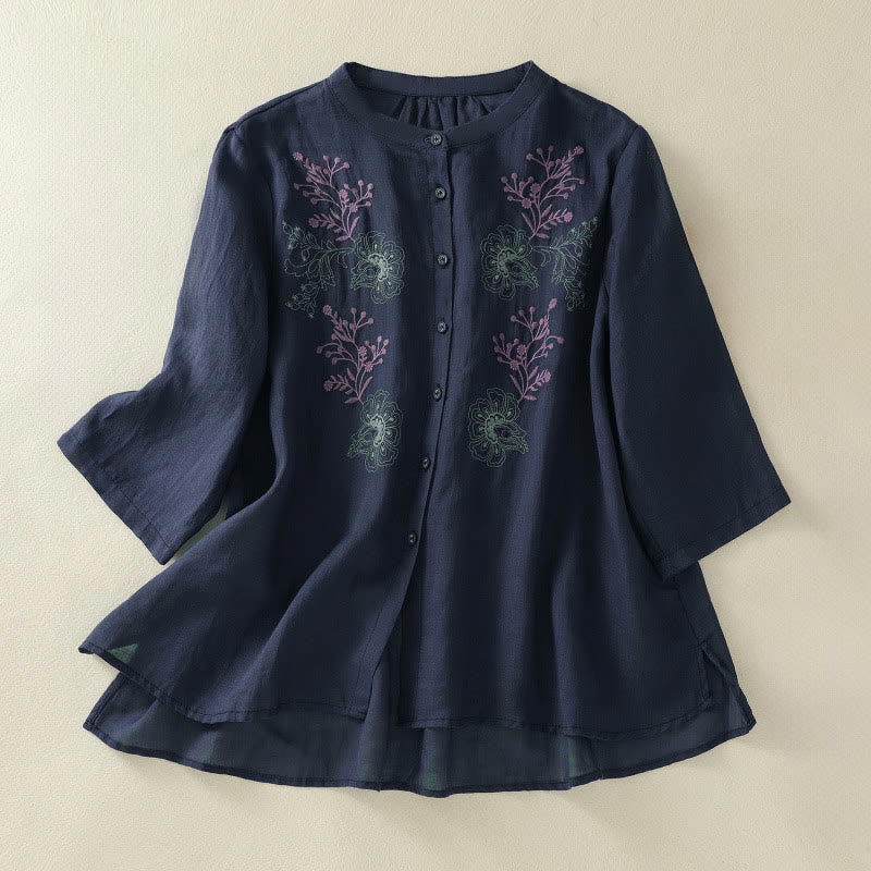 Buddha Stones Chemise en coton pour femme, ornée de broderies, à col montant et manches trois-quarts, fendue sur le côté et ornée de plis. - Bleu nuit - US8-10，UK/AU12-14，EU40-42 (2XL) - image 0