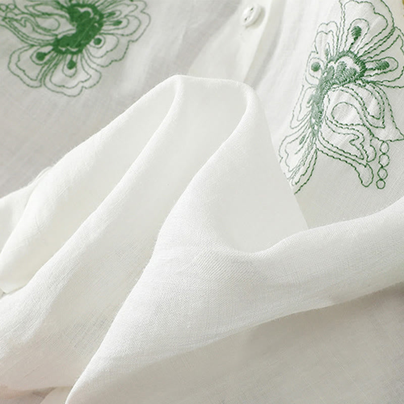 Buddha Stones Chemise en coton pour femme, ornée de broderies, à col montant et manches trois-quarts, fendue sur le côté et ornée de plis. - image 22