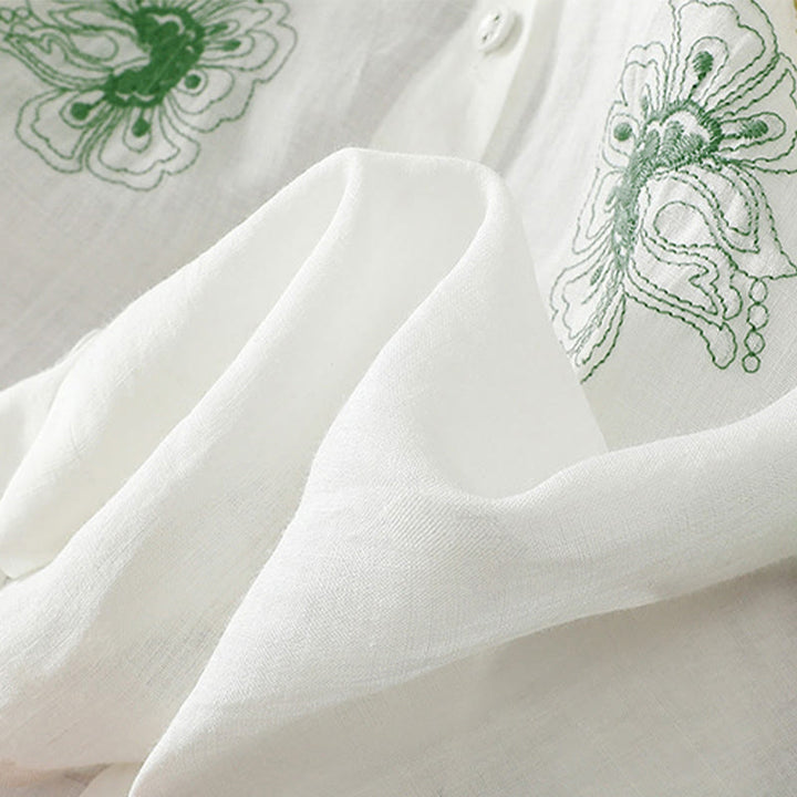 Buddha Stones Chemise en coton pour femme, ornée de broderies, à col montant et manches trois-quarts, fendue sur le côté et ornée de plis. - image 22