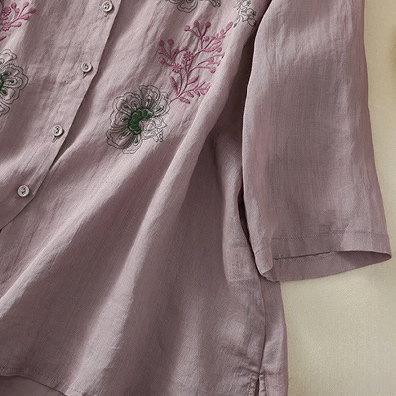 Buddha Stones Chemise en coton pour femme, ornée de broderies, à col montant et manches trois-quarts, fendue sur le côté et ornée de plis. - image 12