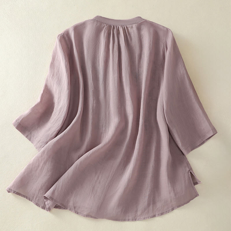 Buddha Stones Chemise en coton pour femme, ornée de broderies, à col montant et manches trois-quarts, fendue sur le côté et ornée de plis. - image 8