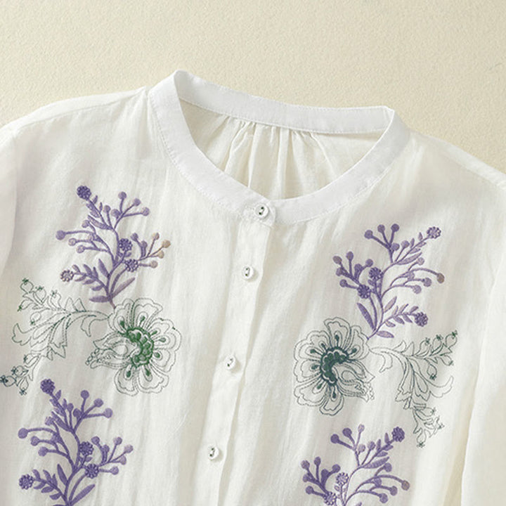 Buddha Stones Chemise en coton pour femme, ornée de broderies, à col montant et manches trois-quarts, fendue sur le côté et ornée de plis. - image 18