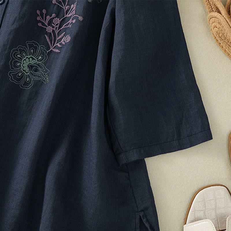 Buddha Stones Chemise en coton pour femme, ornée de broderies, à col montant et manches trois-quarts, fendue sur le côté et ornée de plis. - image 5