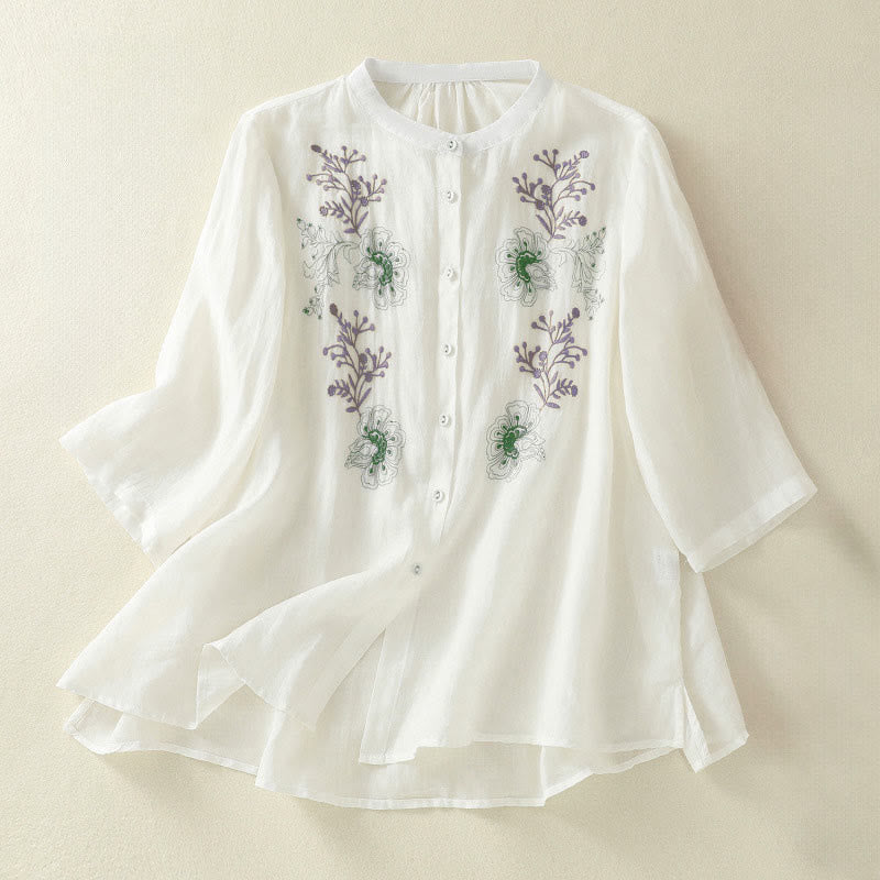 Buddha Stones Chemise en coton pour femme, ornée de broderies, à col montant et manches trois-quarts, fendue sur le côté et ornée de plis. - Blanc - US8-10，UK/AU12-14，EU40-42 (2XL) - image 16