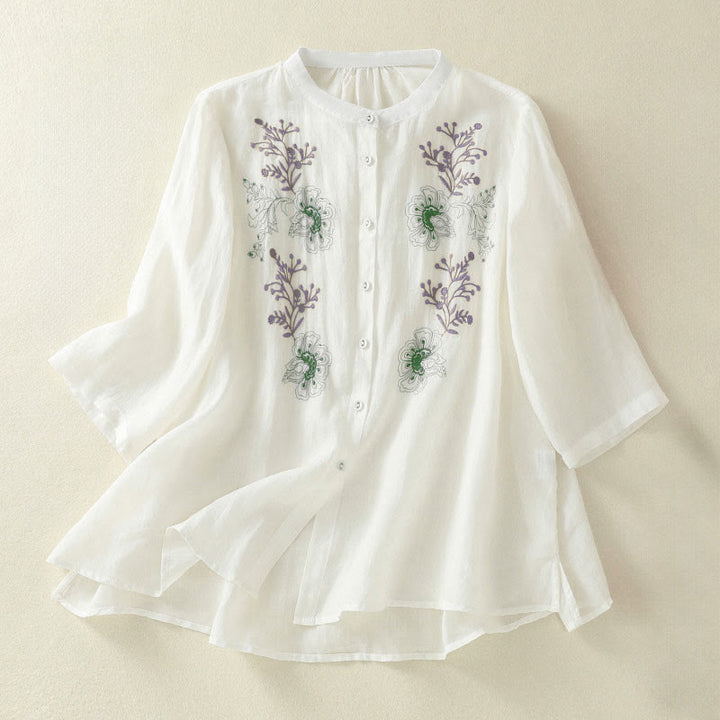 Buddha Stones Chemise en coton pour femme, ornée de broderies, à col montant et manches trois-quarts, fendue sur le côté et ornée de plis. - Blanc - US8-10，UK/AU12-14，EU40-42 (2XL) - image 16