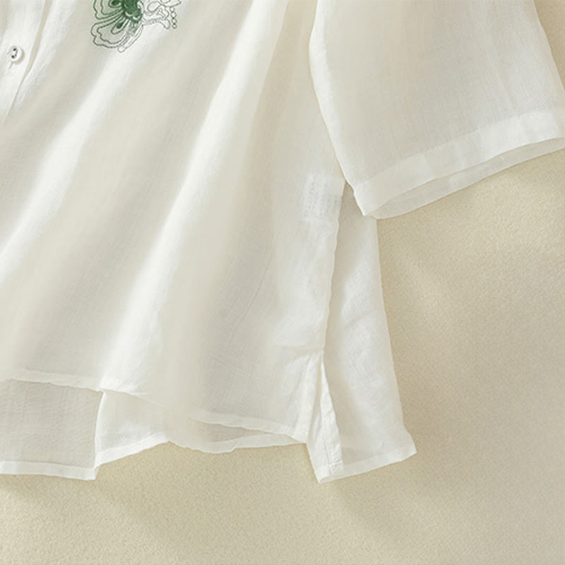 Buddha Stones Chemise en coton pour femme, ornée de broderies, à col montant et manches trois-quarts, fendue sur le côté et ornée de plis. - image 24