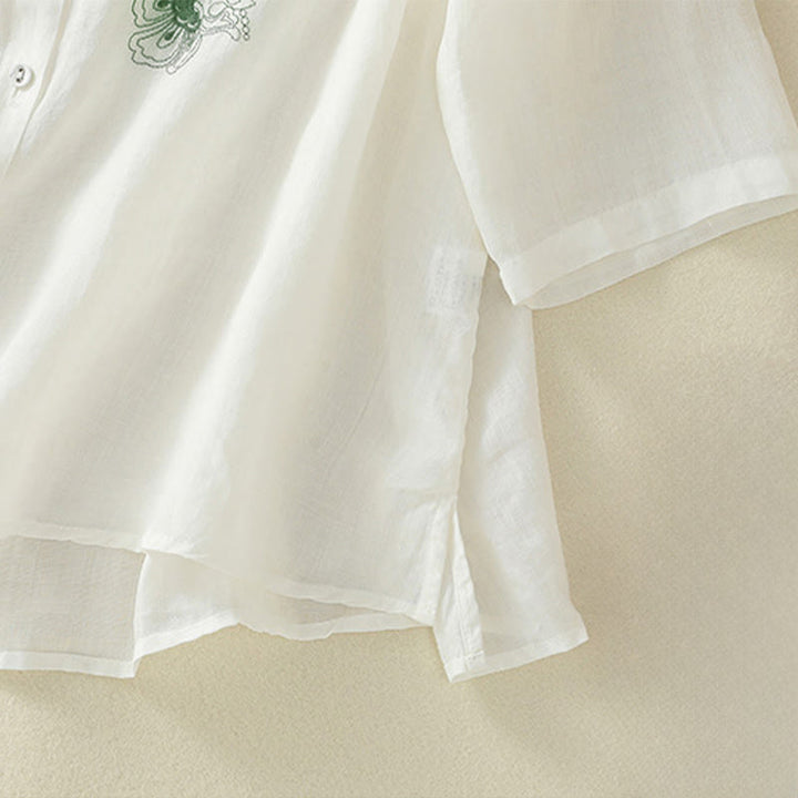 Buddha Stones Chemise en coton pour femme, ornée de broderies, à col montant et manches trois-quarts, fendue sur le côté et ornée de plis. - image 24