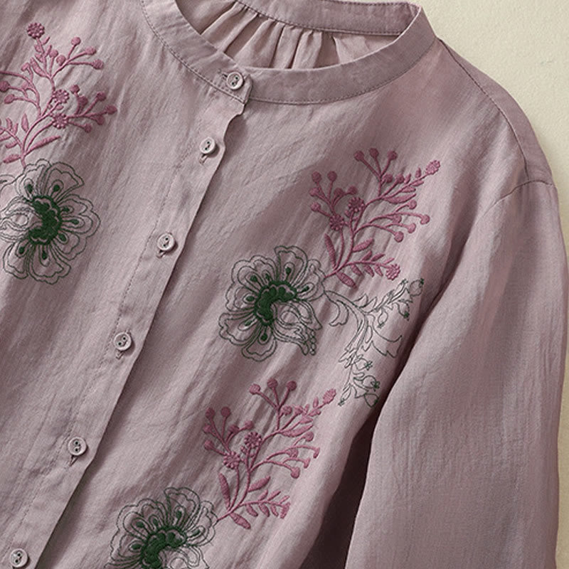 Buddha Stones Chemise en coton pour femme, ornée de broderies, à col montant et manches trois-quarts, fendue sur le côté et ornée de plis. - image 11