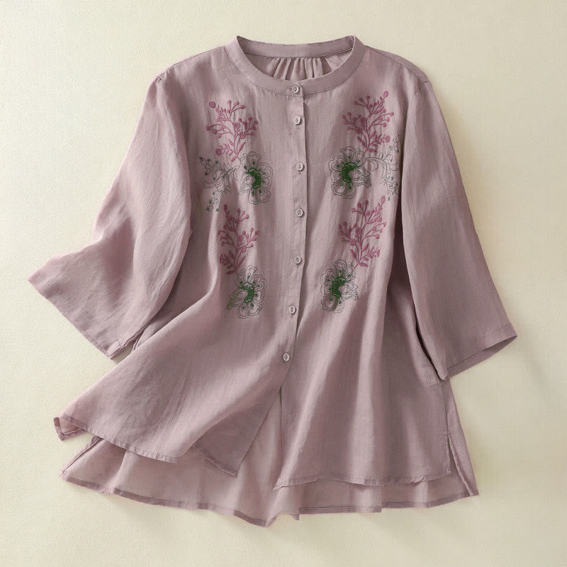 Buddha Stones Chemise en coton pour femme, ornée de broderies, à col montant et manches trois-quarts, fendue sur le côté et ornée de plis. - RosyBrown - US8-10，UK/AU12-14，EU40-42 (2XL) - image 7