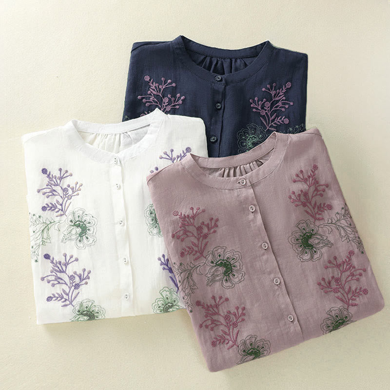 Buddha Stones Chemise en coton pour femme, ornée de broderies, à col montant et manches trois-quarts, fendue sur le côté et ornée de plis. - image 26