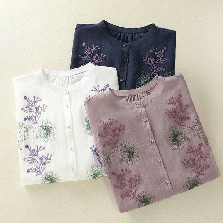 Buddha Stones Chemise en coton pour femme, ornée de broderies, à col montant et manches trois-quarts, fendue sur le côté et ornée de plis. - image 26