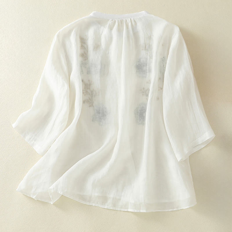 Buddha Stones Chemise en coton pour femme, ornée de broderies, à col montant et manches trois-quarts, fendue sur le côté et ornée de plis. - image 17