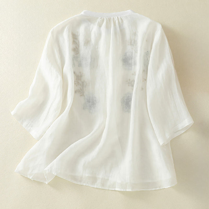 Buddha Stones Chemise en coton pour femme, ornée de broderies, à col montant et manches trois-quarts, fendue sur le côté et ornée de plis. - image 17