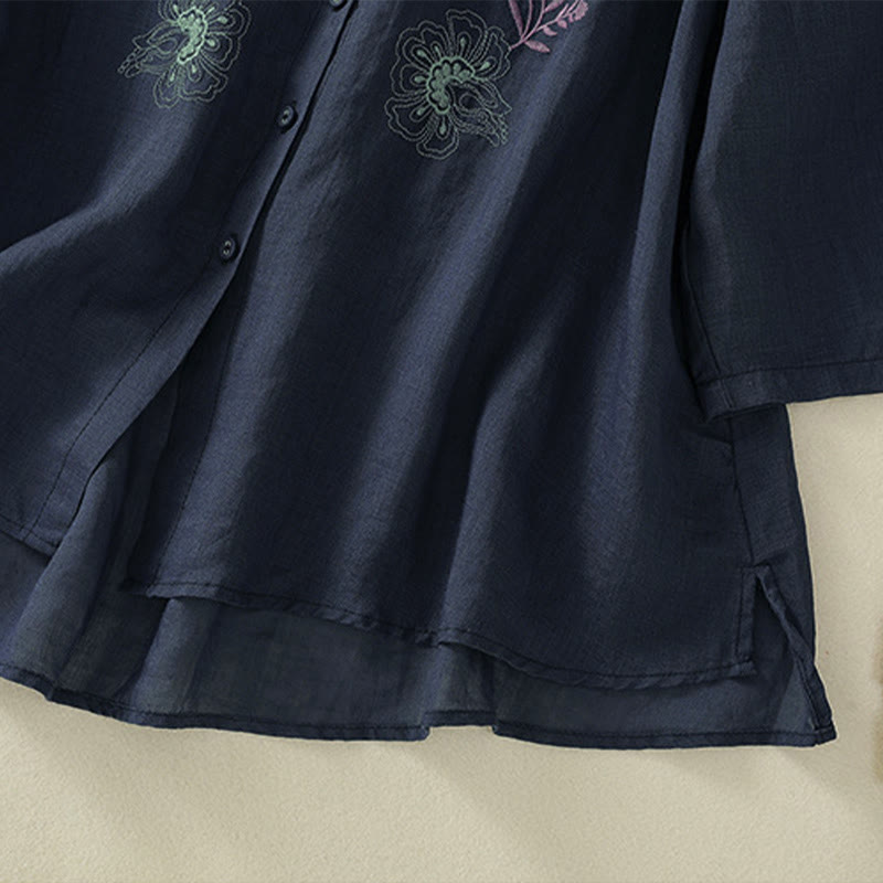 Buddha Stones Chemise en coton pour femme, ornée de broderies, à col montant et manches trois-quarts, fendue sur le côté et ornée de plis. - image 6