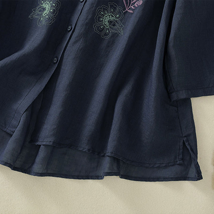 Buddha Stones Chemise en coton pour femme, ornée de broderies, à col montant et manches trois-quarts, fendue sur le côté et ornée de plis. - image 6