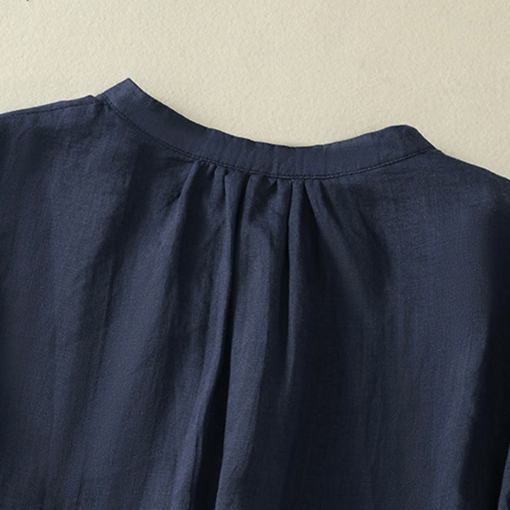 Buddha Stones Chemise en coton pour femme, ornée de broderies, à col montant et manches trois-quarts, fendue sur le côté et ornée de plis. - image 3