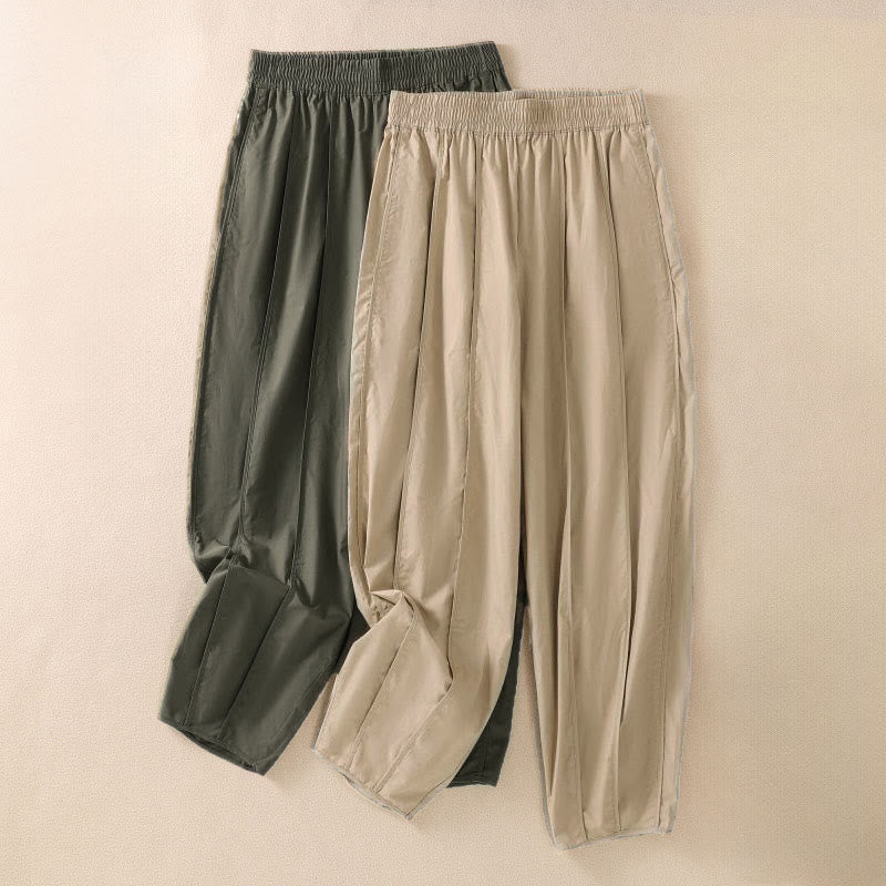 Buddha Stones Pantalon harem plissé taille haute pour femme, couleur unie, style simple, été, avec poches - image 0