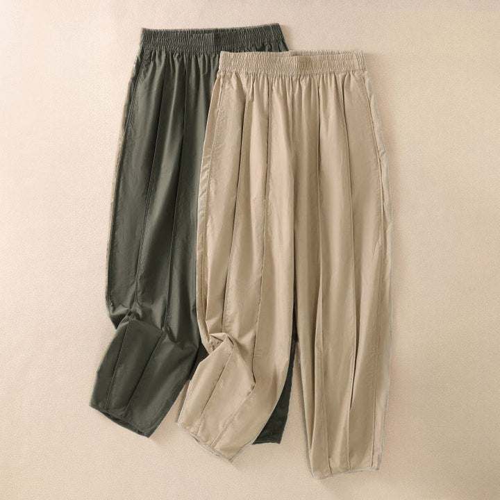 Buddha Stones Pantalon harem plissé taille haute pour femme, couleur unie, style simple, été, avec poches - image 0