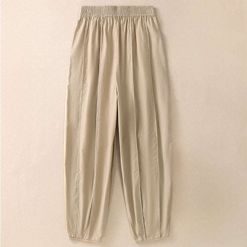 Buddha Stones Pantalon harem plissé taille haute pour femme, couleur unie, style simple, été, avec poches - image 10