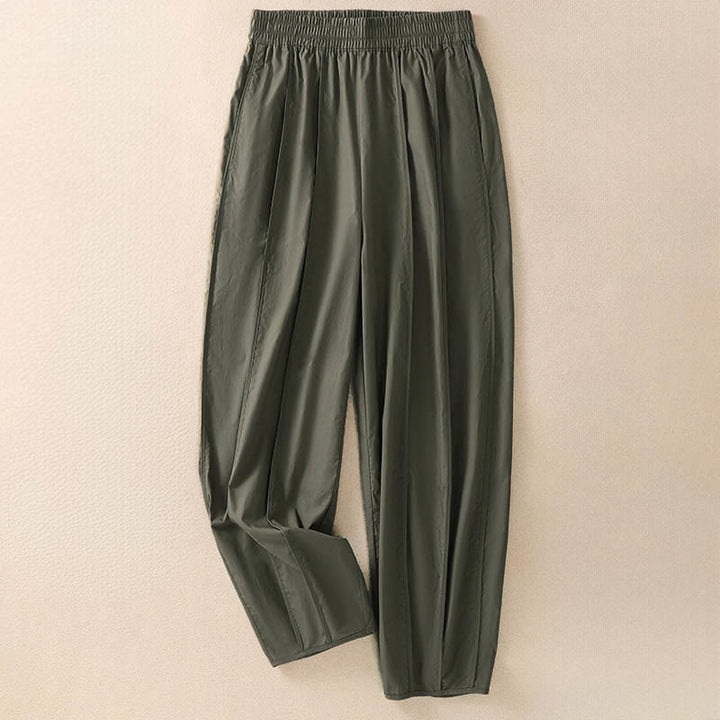 Buddha Stones Pantalon harem plissé taille haute pour femme, couleur unie, style simple, été, avec poches - image 2