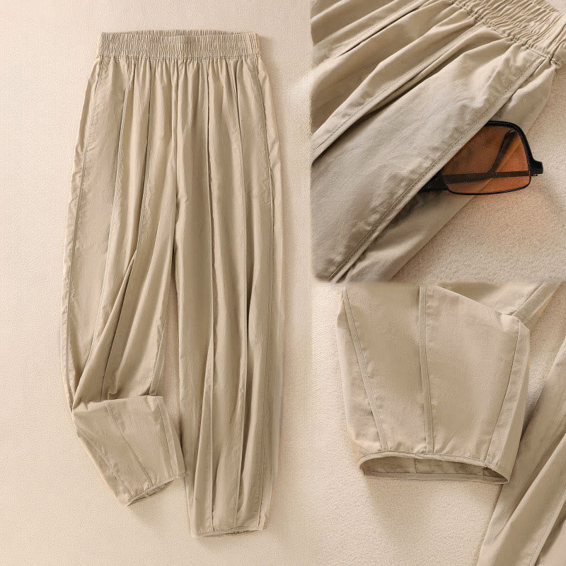 Buddha Stones Pantalon harem plissé taille haute pour femme, couleur unie, style simple, été, avec poches - image 21