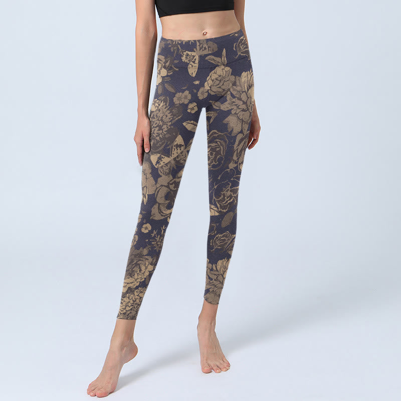Buddha Stones Leggings de sport pour femmes, imprimé fleurs, papillons et feuilles, style rétro. - image 5