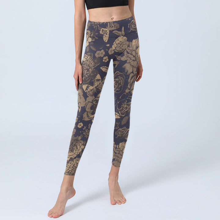 Buddha Stones Leggings de sport pour femmes, imprimé fleurs, papillons et feuilles, style rétro. - image 5