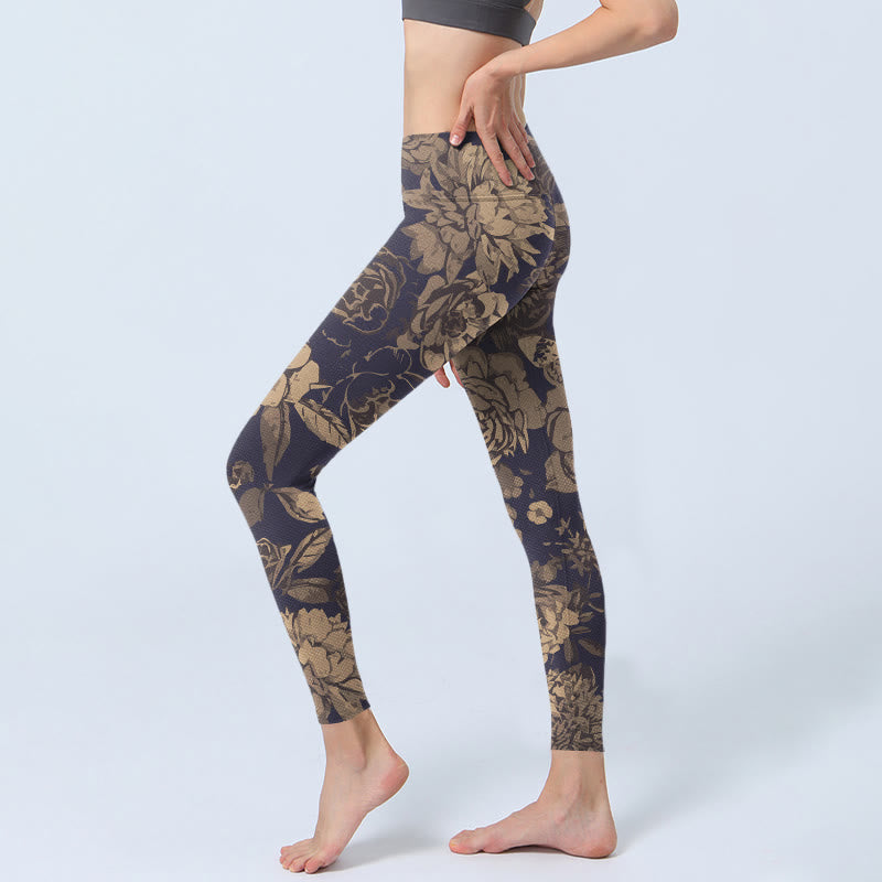 Buddha Stones Leggings de sport pour femmes, imprimé fleurs, papillons et feuilles, style rétro. - image 2