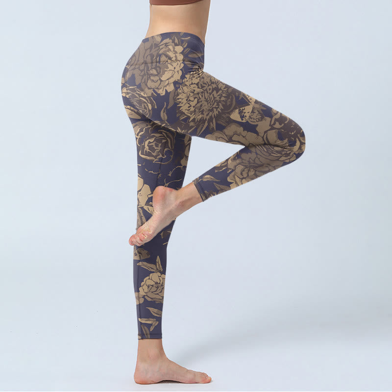 Buddha Stones Leggings de sport pour femmes, imprimé fleurs, papillons et feuilles, style rétro. - image 3