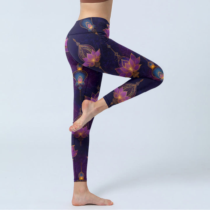 Buddha Stones Leggings de sport pour femmes, imprimé lanterne de fleur de lotus onirique, pantalon de yoga - image 3