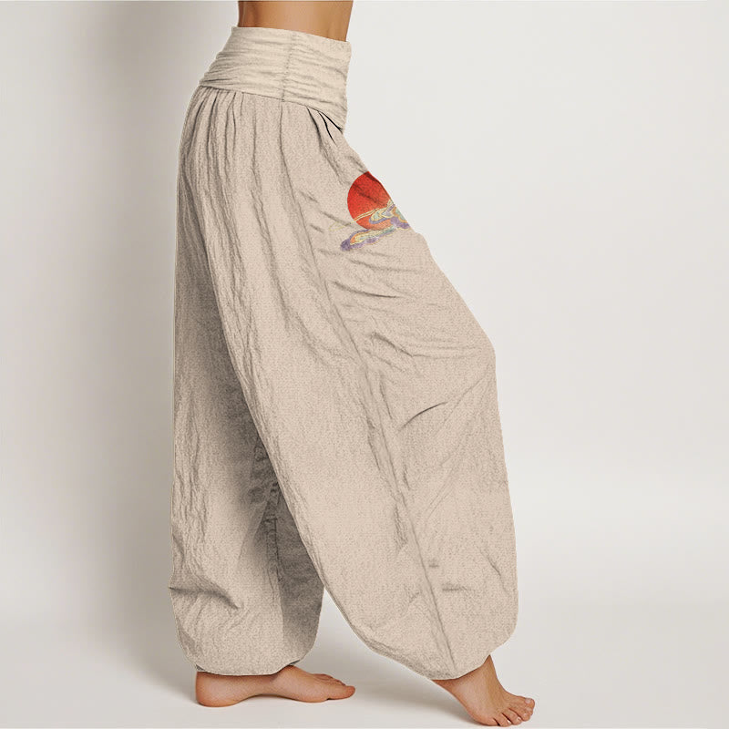 Buddha Stones Pantalon harem femme en pur coton, motif soleil, nuage, grue et pin, taille élastique - image 2