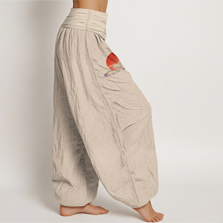 Buddha Stones Pantalon harem femme en pur coton, motif soleil, nuage, grue et pin, taille élastique - image 2