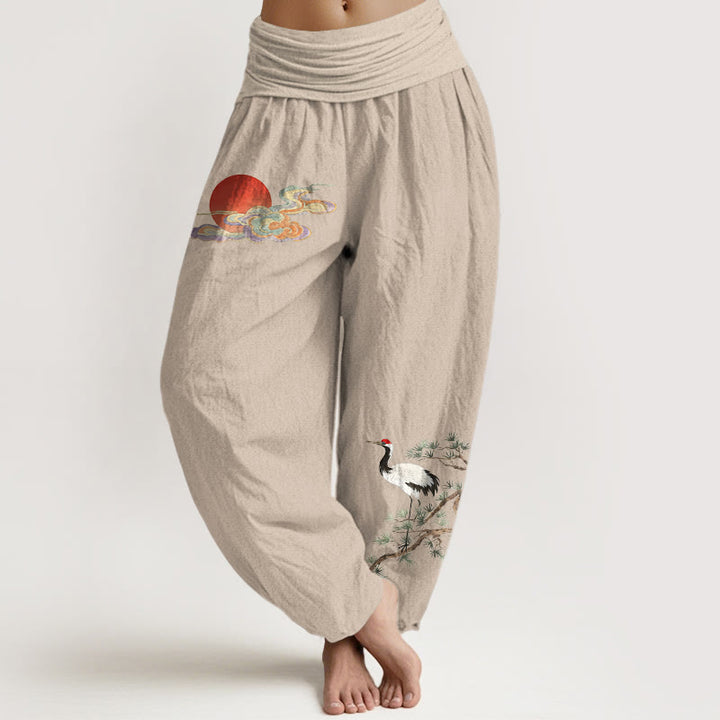 Buddha Stones Pantalon harem femme en pur coton, motif soleil, nuage, grue et pin, taille élastique - Tanné - US16，UK/AU20，EU48 (3XL) - image 0
