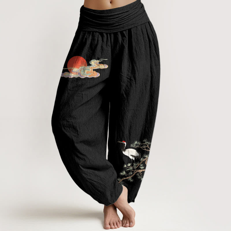 Buddha Stones Pantalon harem femme en pur coton, motif soleil, nuage, grue et pin, taille élastique - Noir - US16，UK/AU20，EU48 (3XL) - image 5