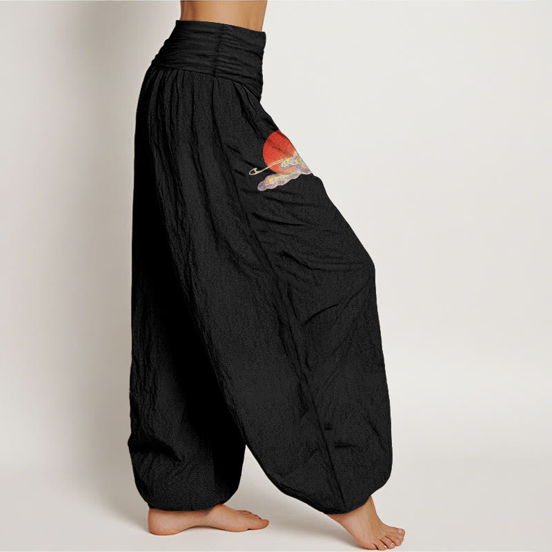 Buddha Stones Pantalon harem femme en pur coton, motif soleil, nuage, grue et pin, taille élastique - image 7