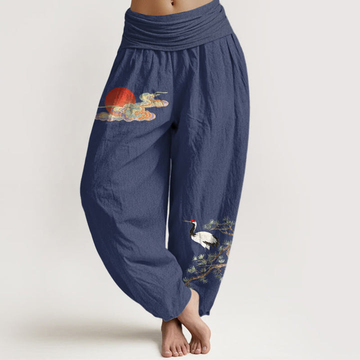 Buddha Stones Pantalon harem femme en pur coton, motif soleil, nuage, grue et pin, taille élastique - Bleu ardoise foncé - US16，UK/AU20，EU48 (3XL) - image 8