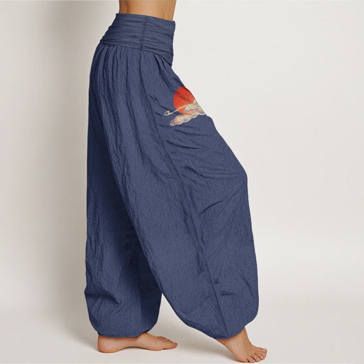 Buddha Stones Pantalon harem femme en pur coton, motif soleil, nuage, grue et pin, taille élastique - image 10