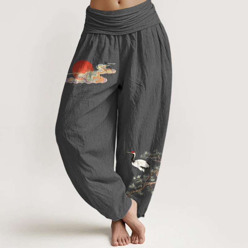 Buddha Stones Pantalon harem femme en pur coton, motif soleil, nuage, grue et pin, taille élastique - Gris terne - US16，UK/AU20，EU48 (3XL) - image 11
