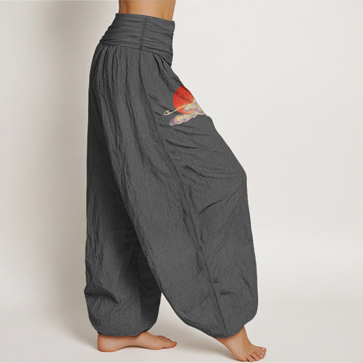 Buddha Stones Pantalon harem femme en pur coton, motif soleil, nuage, grue et pin, taille élastique - image 13