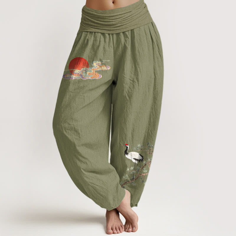 Buddha Stones Pantalon harem femme en pur coton, motif soleil, nuage, grue et pin, taille élastique - Vert olive - US16，UK/AU20，EU48 (3XL) - image 14